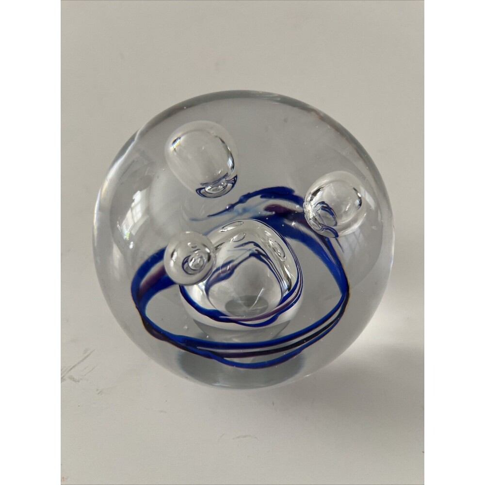 EUC Signed Art Glass Globe Blue Hand Blown Bubbles Heavyweight Paperweight 3.25”